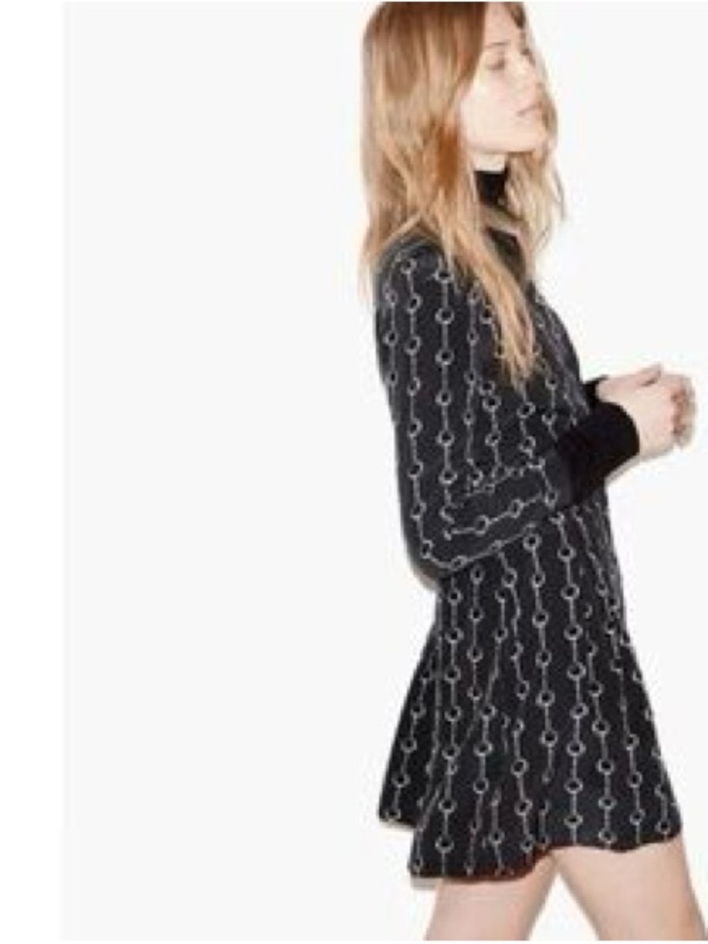 The Kooples Black Chain-Print Long Sleeve Mini Dress with White Motif
